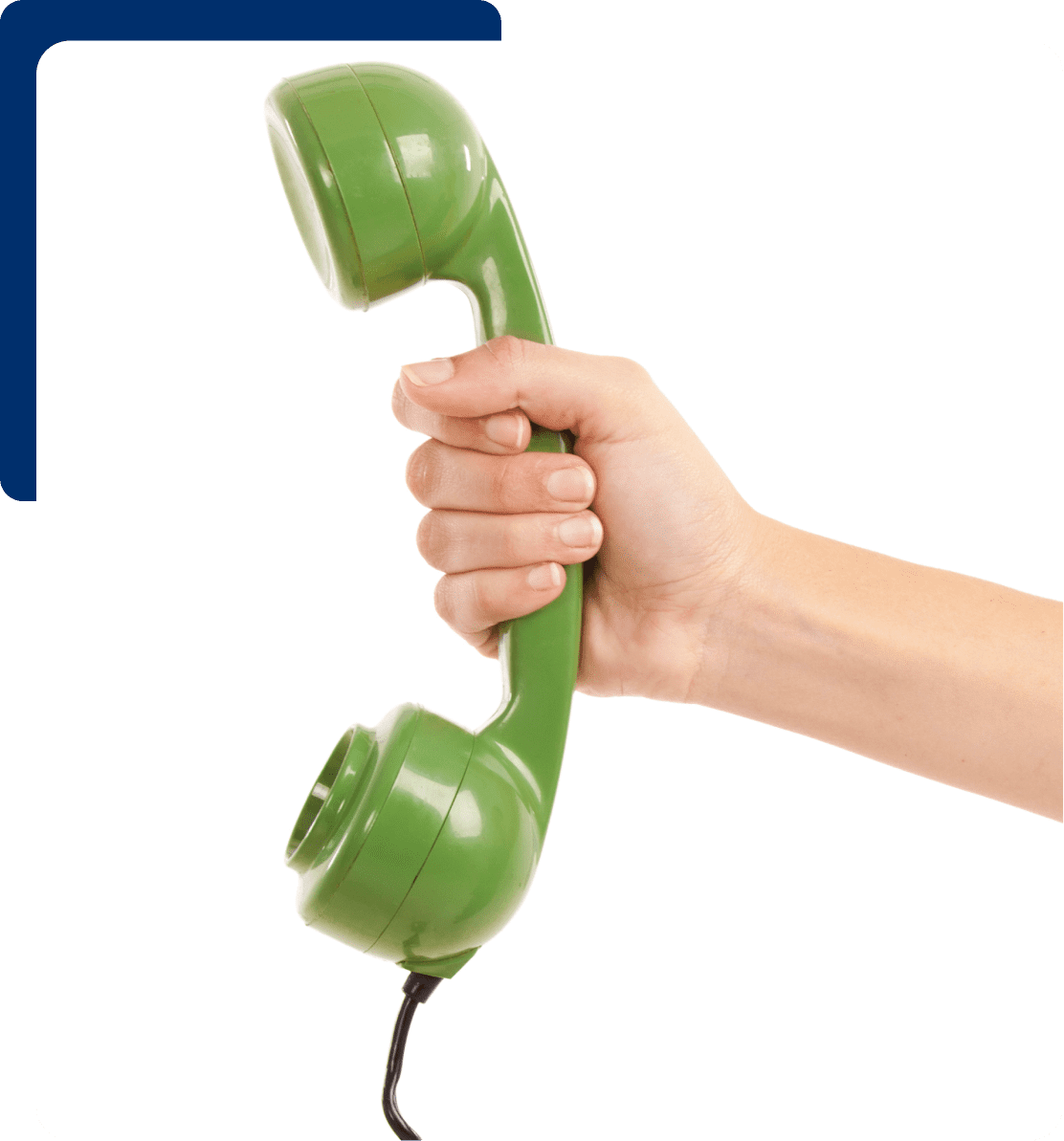 Hand holding a green telephone handset.