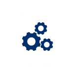 Three blue gears inside a black circle.